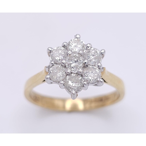 68 - 18K YELLOW GOLD DIAMOND CLUSTER RING WITH APPROX 1.05CT DIAMONDS IN FLORAL DESIGN, WEIGHT 4.6G SIZE ... 