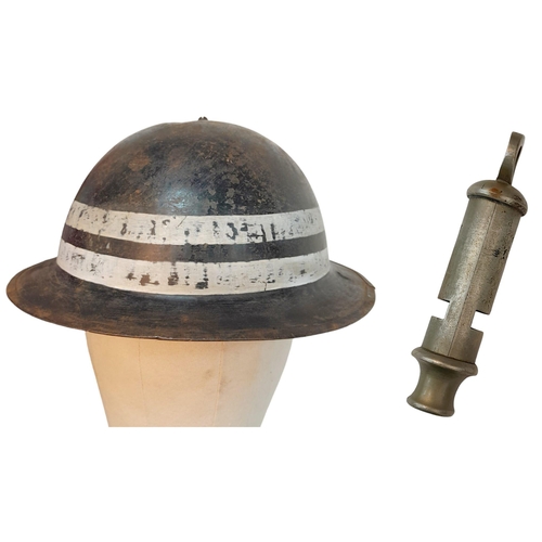 693 - WW2 British Home Front Special Constable’s Helmet, Truncheon and Whistle. An attic find during a hou... 