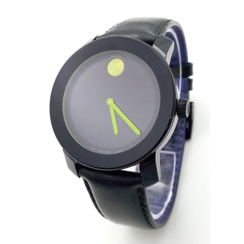 1311 - A Movado Bold Quartz Gents Watch. Black leather strap. Stainless steel and ceramic case - 43mm. Blac... 