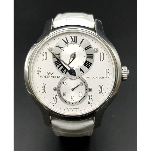 88 - A Wyler Vetta Regulateur Quartz Gents Watch. White leather strap. Stainless steel case - 44mm. White... 