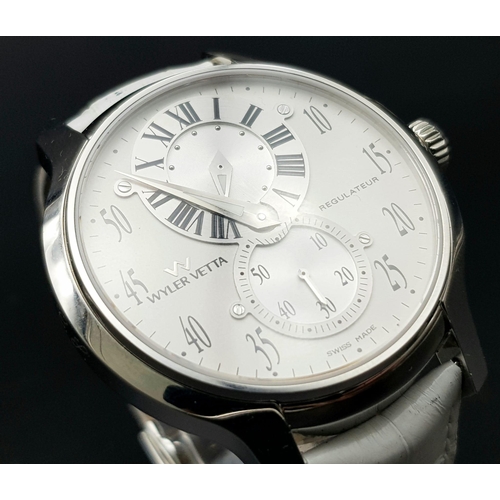 88 - A Wyler Vetta Regulateur Quartz Gents Watch. White leather strap. Stainless steel case - 44mm. White... 