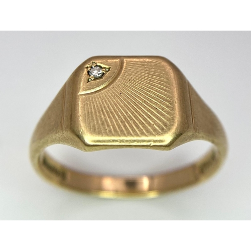 1189 - A VINTAGE GENTS 9K GOLD SIGNET RING WITH SMALL DIAMOND .   5.1gms   size W