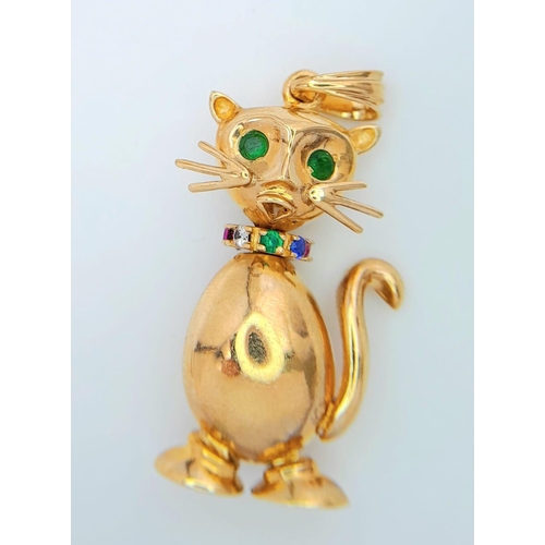 1223 - A VERY CUTE 9K YELLOW GOLD ARTICULATED PUSSY CAT CHARM, WITH STONE SET EYES AND COLLAR, WEIGHT 6.1G ... 