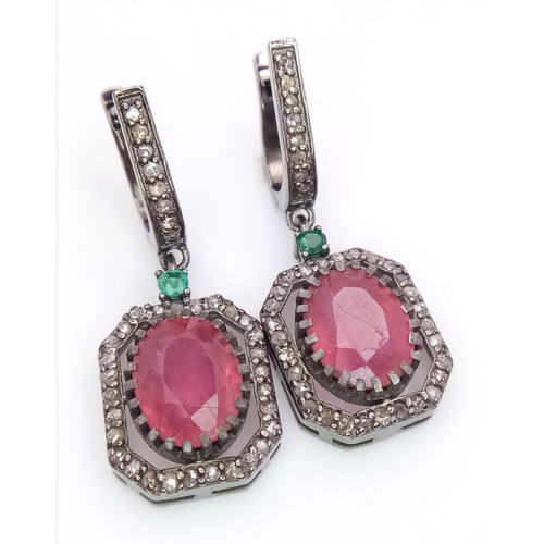 1103 - A Pair of Madagascan Ruby and Diamond Earrings with Zambian Emeralds set in 925 Sterling silver. 7.2... 