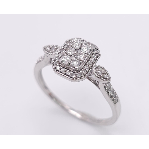 1366 - A 9 K white gold ring with diamonds on crown and shoulders (0,35 carats), size: P, weight: 2.5 g.