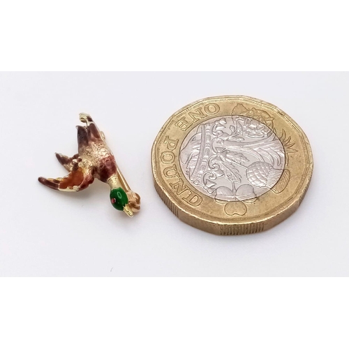 1180 - An Antique Detailed Enamelled Pheasant in Full Flight Brooch. Set in mid-karat gold (tested). 2cm. 1... 