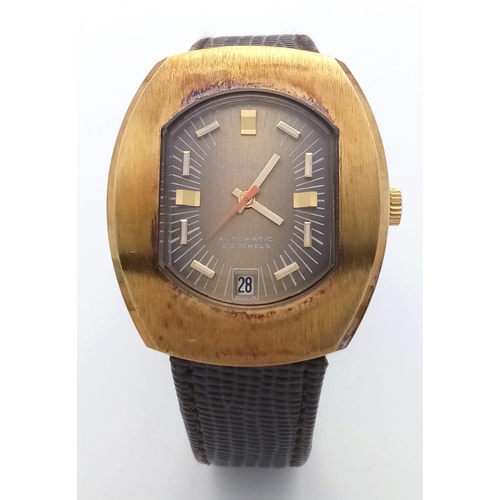 1150 - A Vintage Automatic Caravelle Gents Watch. Brown leather strap. Gilded stainless steel case - 38mm. ... 