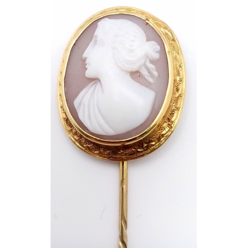 1138 - A Wonderful Oversized Georgian Cameo Stickpin with Engraved 18K Gold Surround. 8cm. Comes in origina... 