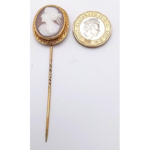 1138 - A Wonderful Oversized Georgian Cameo Stickpin with Engraved 18K Gold Surround. 8cm. Comes in origina... 