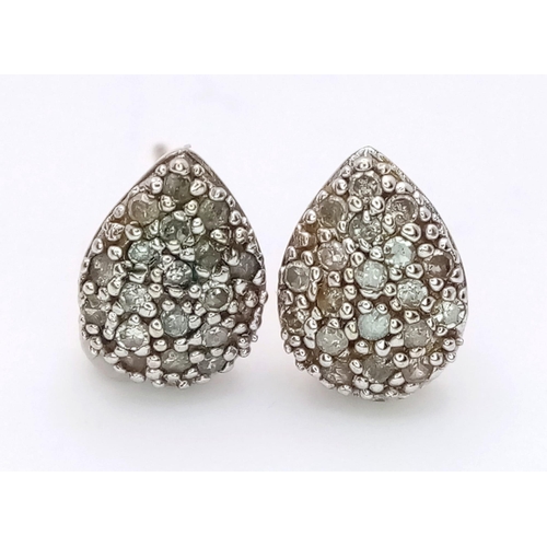 1101 - PAIR OF 9K YELLOW GOLD DIAMOND SET PEAR SHAPED STUD EARRINGS, WEIGHT 1G, BOTH NEED BUTTERFLY BACKS