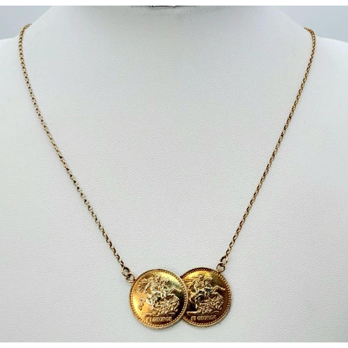 1066 - STERLING SILVER WITH GOLD VERMEIL FINISH DOUBLE COIN PENDANT ON NECKLACE, WEIGHT 8.1G, 50CM LONG APP... 