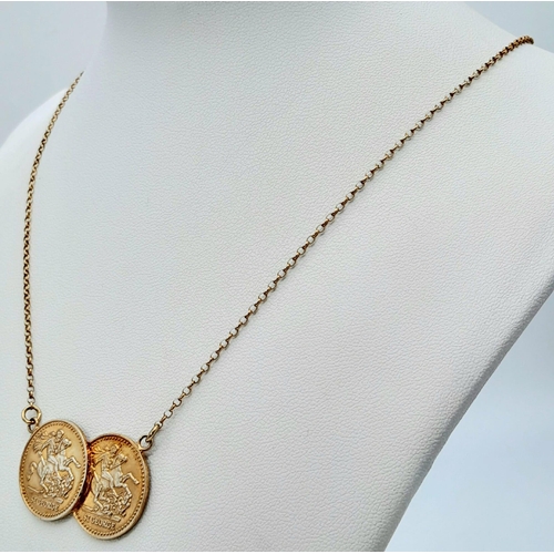 1066 - STERLING SILVER WITH GOLD VERMEIL FINISH DOUBLE COIN PENDANT ON NECKLACE, WEIGHT 8.1G, 50CM LONG APP... 