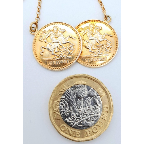 1066 - STERLING SILVER WITH GOLD VERMEIL FINISH DOUBLE COIN PENDANT ON NECKLACE, WEIGHT 8.1G, 50CM LONG APP... 