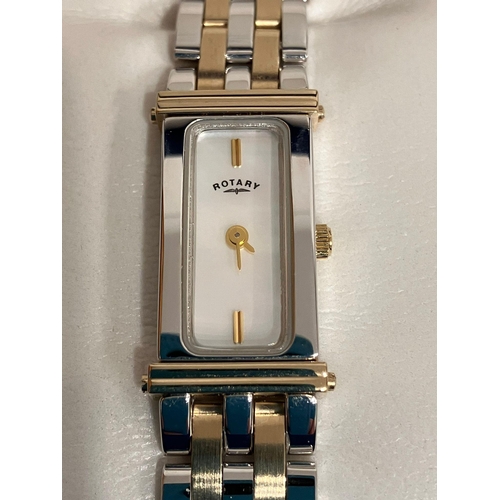 1024 - Ladies ROTARY QUARTZ WRISTWATCH Finished in two tone Stainless Steel with square mother of pearl fac... 