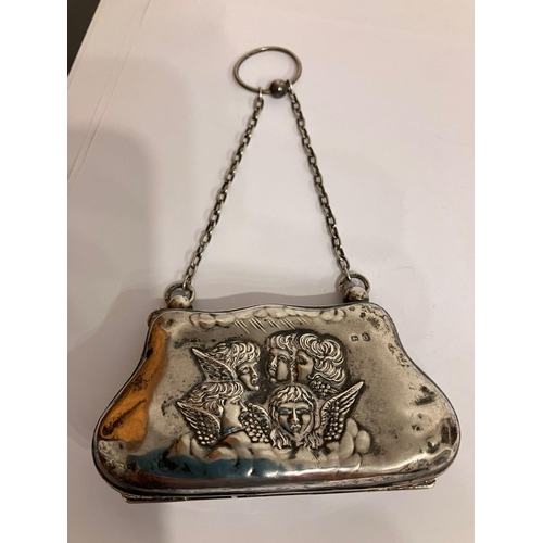 35 - Antique SILVER EVENING PURSE Having cherub detail with silk taffeta lining. Clear hallmark for Henry... 