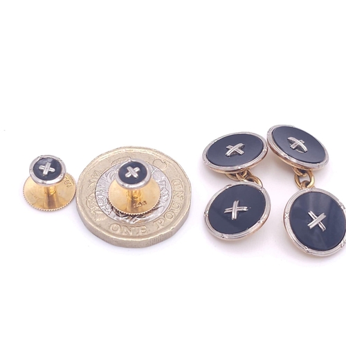 37 - A Beautiful Set of Vintage Gold Cufflinks and Shirt Studs. 9k yellow gold bases with 18k white gold ... 