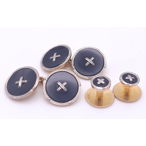 37 - A Beautiful Set of Vintage Gold Cufflinks and Shirt Studs. 9k yellow gold bases with 18k white gold ... 