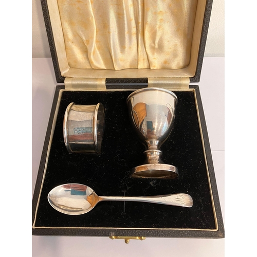 441 - Antique SILVER CHRISTENING GIFT SET ago include Egg cup,Spoon and serviette ring. All pieces with cl... 