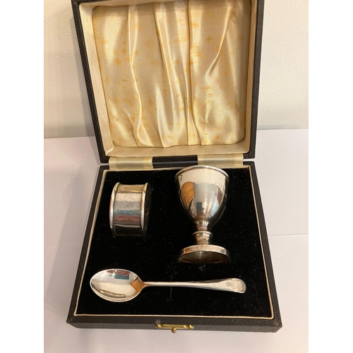 441 - Antique SILVER CHRISTENING GIFT SET ago include Egg cup,Spoon and serviette ring. All pieces with cl... 