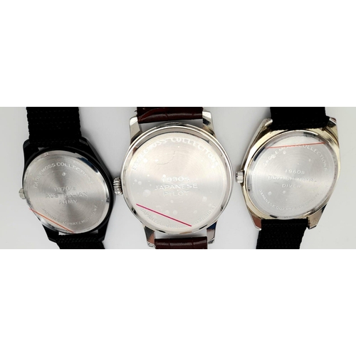 498 - A Parcel of Three Military design Homage Watches Comprising; 
1) Japanese Pilots Watch (46mm Case), ... 