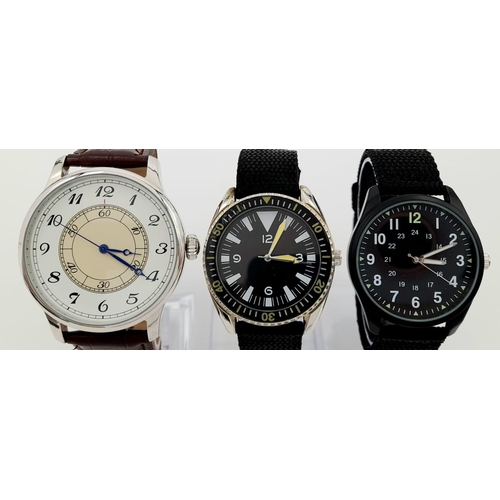 498 - A Parcel of Three Military design Homage Watches Comprising; 
1) Japanese Pilots Watch (46mm Case), ... 