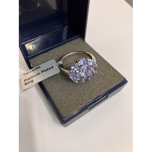 619 - Beautiful TANZANITE CLUSTER RING set in SILVER with PLATINUM OVERLAY. Complete with ring box. Size N... 