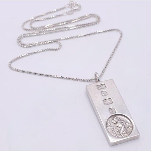 71 - A Sterling Silver St. Christopher Ingot Pendant on a Silver Necklace. 5cm - pendant. 58cm necklace l... 