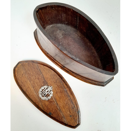 721 - WW1 Wooden Box made from an aeroplane Propeller, with a solid silver Royal Flying Corps Badge.