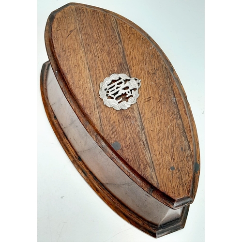 721 - WW1 Wooden Box made from an aeroplane Propeller, with a solid silver Royal Flying Corps Badge.