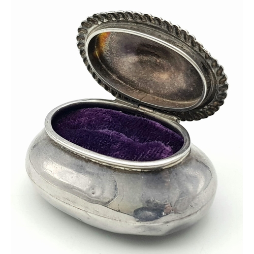 750 - A Vintage Sterling Silver Ring Case. Full Hallmarks. Plush purple interior. 25g total weight. 6cm.