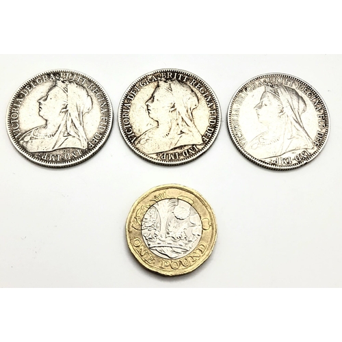 869 - Three Queen Victoria Silver Florins - 1898,99 and 1900. Please see photos for conditions.