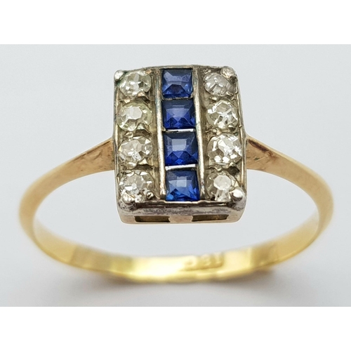 9 - A Vintage 18K Yellow Gold Sapphire and Diamond Ring. Four square cut sapphires between eight round c... 