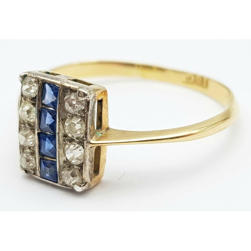 9 - A Vintage 18K Yellow Gold Sapphire and Diamond Ring. Four square cut sapphires between eight round c... 