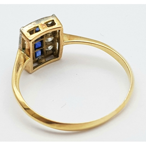 9 - A Vintage 18K Yellow Gold Sapphire and Diamond Ring. Four square cut sapphires between eight round c... 