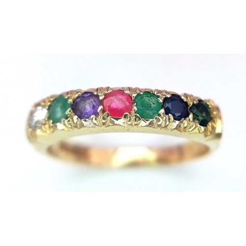 390 - A PRETTY 9K YELLOW GOLD MULTI GEMSTONES SET DEAREST RING, WEIGHT 2.9G SIZE S