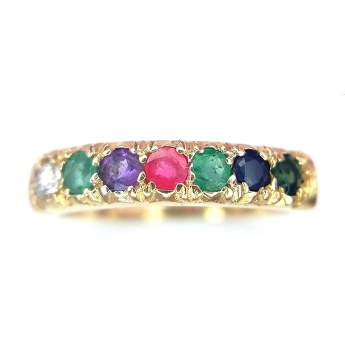 390 - A PRETTY 9K YELLOW GOLD MULTI GEMSTONES SET DEAREST RING, WEIGHT 2.9G SIZE S