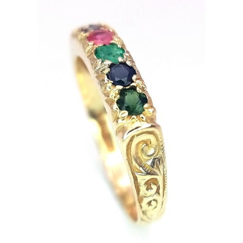 390 - A PRETTY 9K YELLOW GOLD MULTI GEMSTONES SET DEAREST RING, WEIGHT 2.9G SIZE S