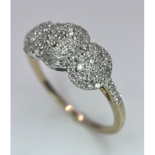 467 - A FANCY 9K YELLOW GOLD TRIPLE DIAMOND CLUSTER RING, APPROX 0.70CT DIAMONDS (5 stones missing), WEIGH... 