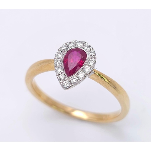 152 - A 18K YELLOW GOLD DIAMOND &  PEAR SHAPED RUBY RING, WEIGHT 2.9G SIZE N