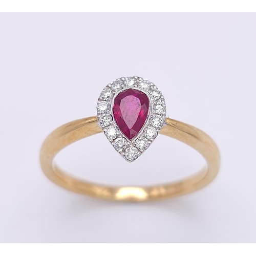 152 - A 18K YELLOW GOLD DIAMOND &  PEAR SHAPED RUBY RING, WEIGHT 2.9G SIZE N