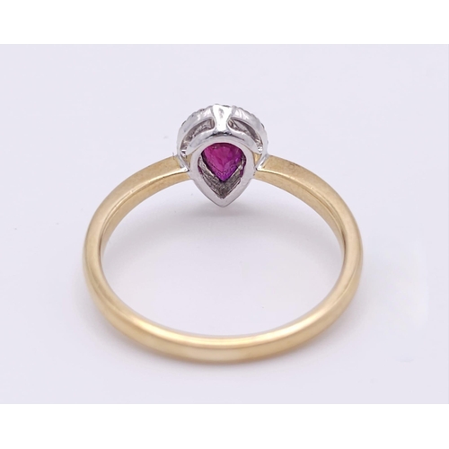 152 - A 18K YELLOW GOLD DIAMOND &  PEAR SHAPED RUBY RING, WEIGHT 2.9G SIZE N