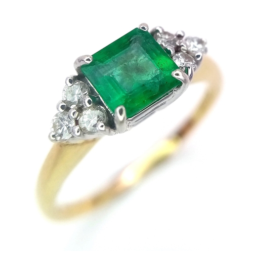 187 - 18K YELLOW GOLD DIAMOND & EMERALD RING, WITH A 0.45CT PRINCESS CUT EMERALD CENTRE AND 6 DIAMONDS ON ... 