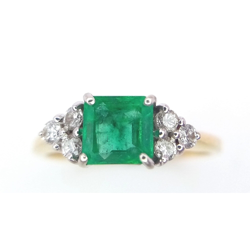 187 - 18K YELLOW GOLD DIAMOND & EMERALD RING, WITH A 0.45CT PRINCESS CUT EMERALD CENTRE AND 6 DIAMONDS ON ... 