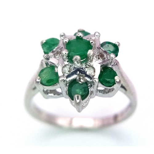 208 - 9K WHITE GOLD DIAMOND & EMERALD RING, WEIGHT 3.3G SIZE L