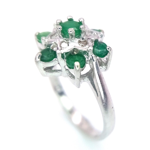 208 - 9K WHITE GOLD DIAMOND & EMERALD RING, WEIGHT 3.3G SIZE L