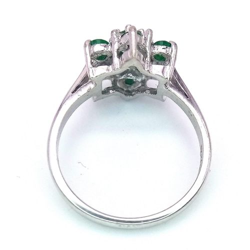 208 - 9K WHITE GOLD DIAMOND & EMERALD RING, WEIGHT 3.3G SIZE L