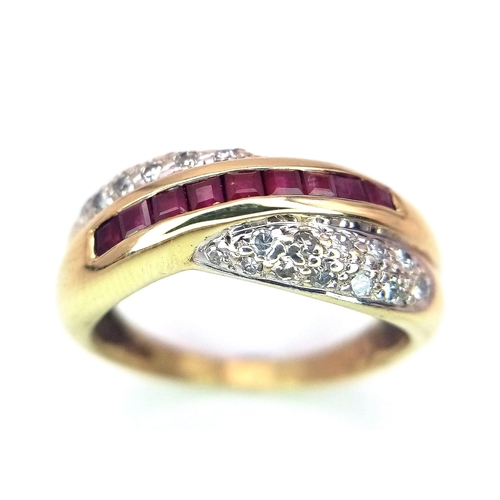 278 - A FANCY 9K YELLOW GOLD DIAMOND & RUBY CROSSOVER RING, WEIGHT 3.7G SIZE P