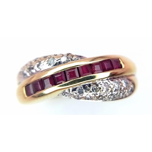 278 - A FANCY 9K YELLOW GOLD DIAMOND & RUBY CROSSOVER RING, WEIGHT 3.7G SIZE P