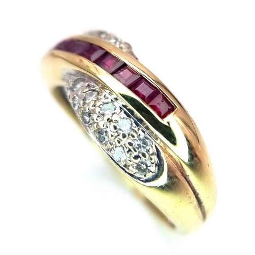 278 - A FANCY 9K YELLOW GOLD DIAMOND & RUBY CROSSOVER RING, WEIGHT 3.7G SIZE P