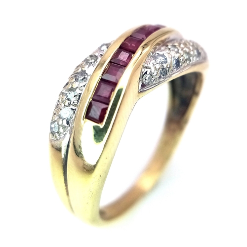 278 - A FANCY 9K YELLOW GOLD DIAMOND & RUBY CROSSOVER RING, WEIGHT 3.7G SIZE P